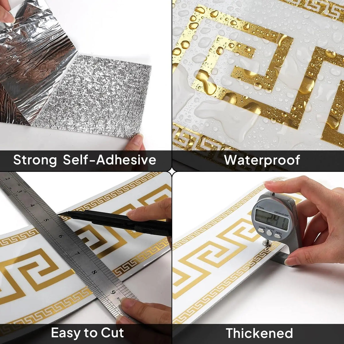 Close-up images showing the strong self-adhesive PVC foam wallpaper border trim demonstrating waterproof, easy to cut, and th