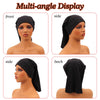 Multi-angle display of a black stretchable spandex dreadlock tube hair protection cap shown from front and side angles.