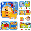 A colorful felt busy book with various interactive learning and life skills activity pages for toddlers.