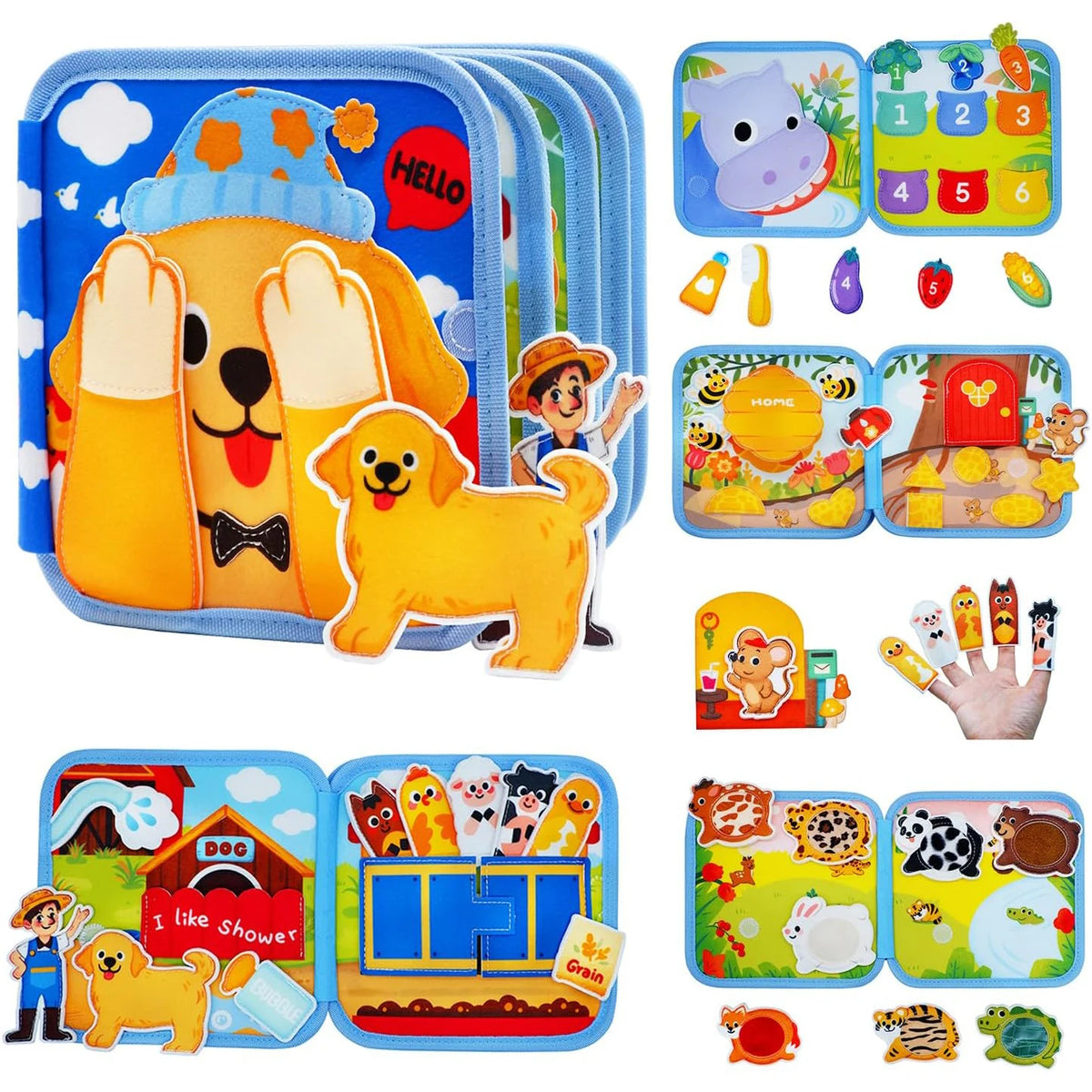 A colorful felt busy book with various interactive learning and life skills activity pages for toddlers.