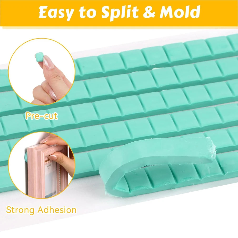 A hand demonstrates splitting and molding a teal clay product for shelf fixing, showing pre-cut pieces and strong adhesion.