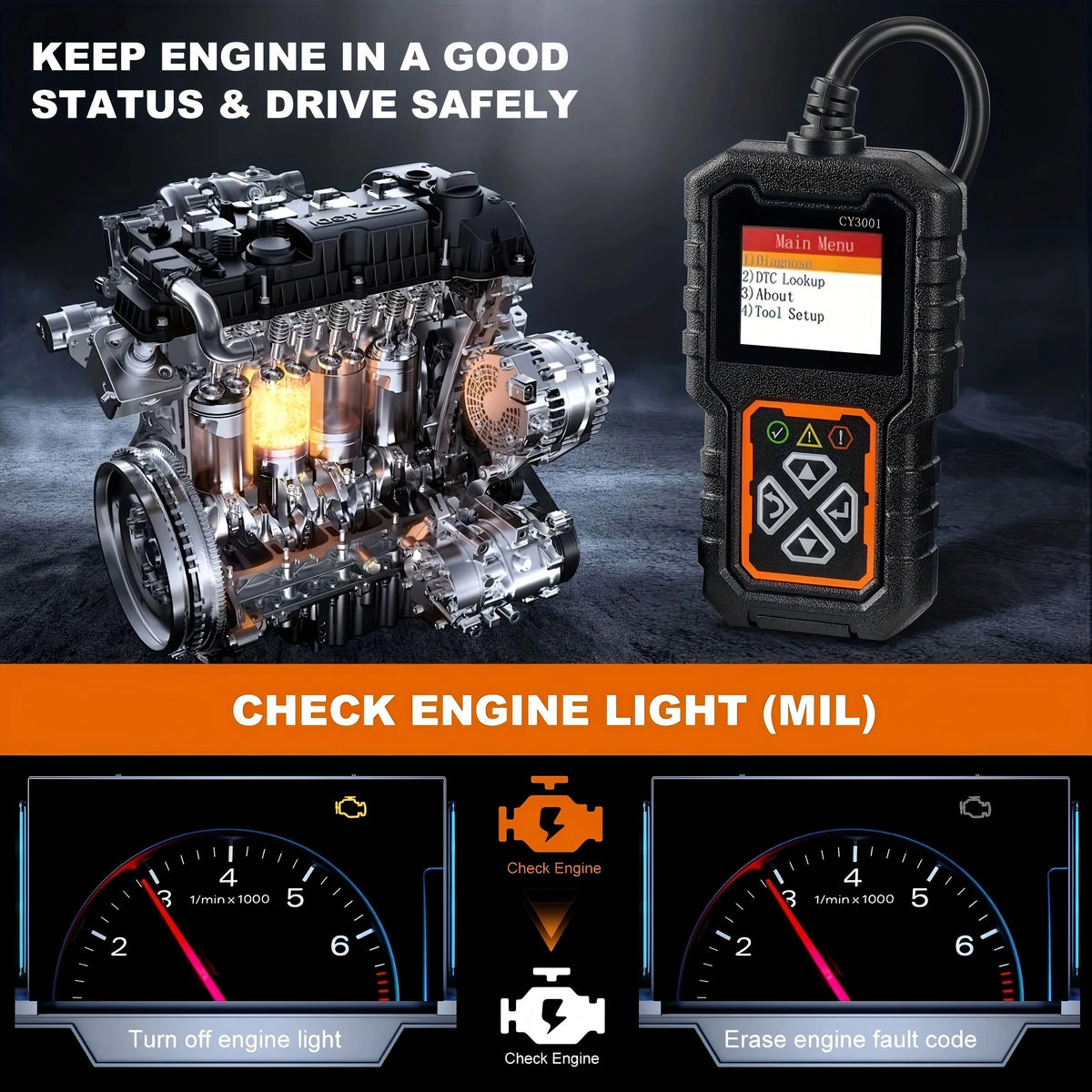 An OBD2 diagnostic scanner tool is shown next to an engine, with options to check or erase engine fault codes.