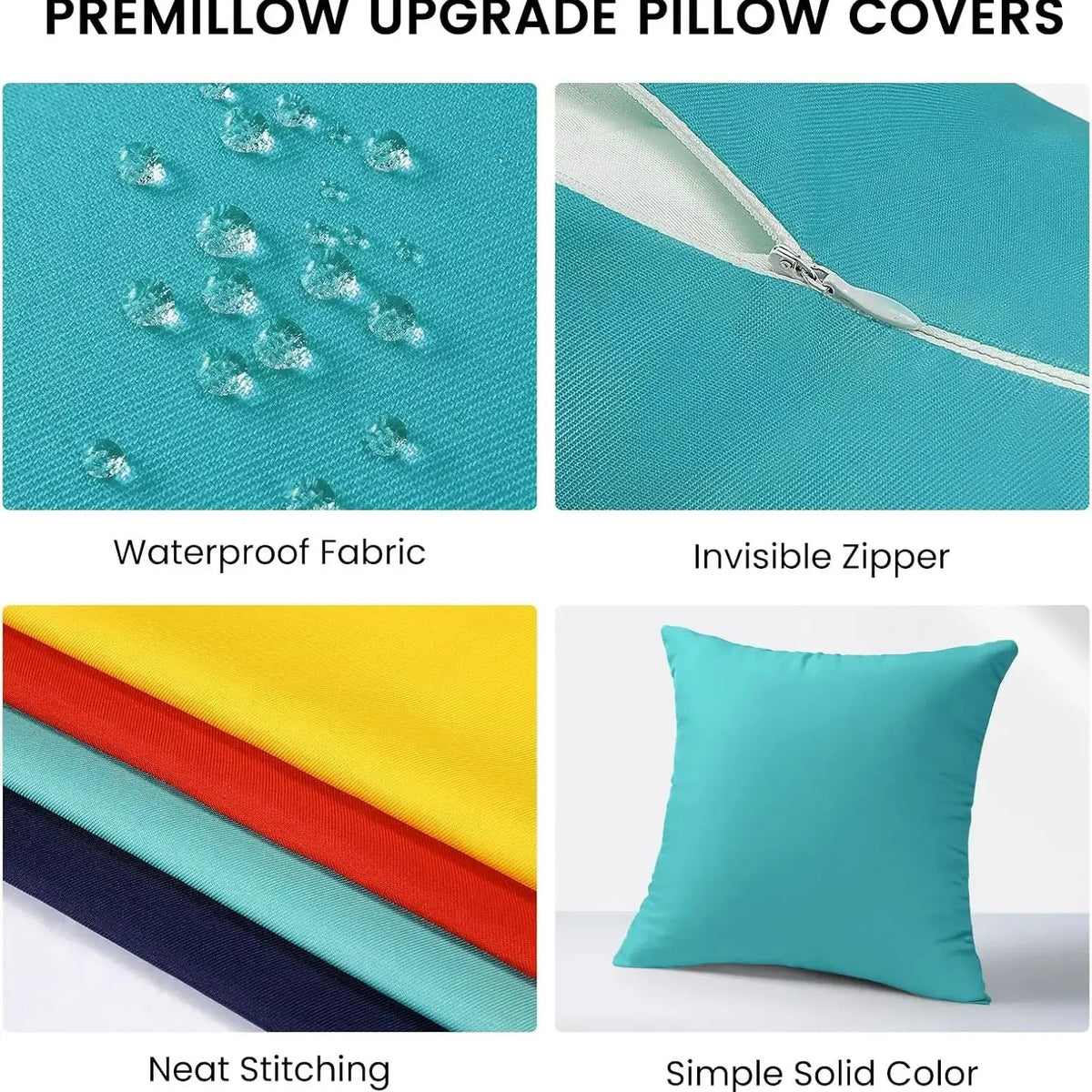 Image showing features of premillow upgrade pillow covers including waterproof fabric, invisible zipper, neat stitching, and 