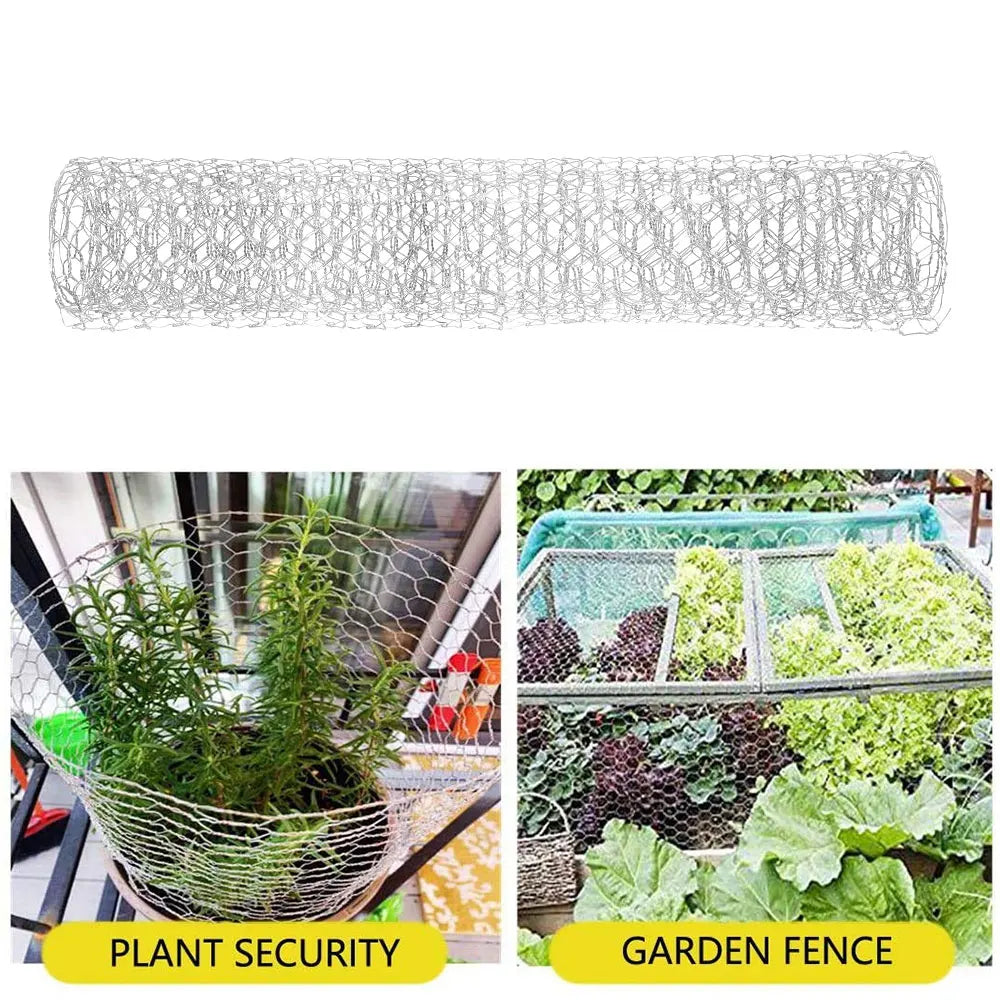 Galvanized hexagonal wire mesh used as a plant security and garden fence.