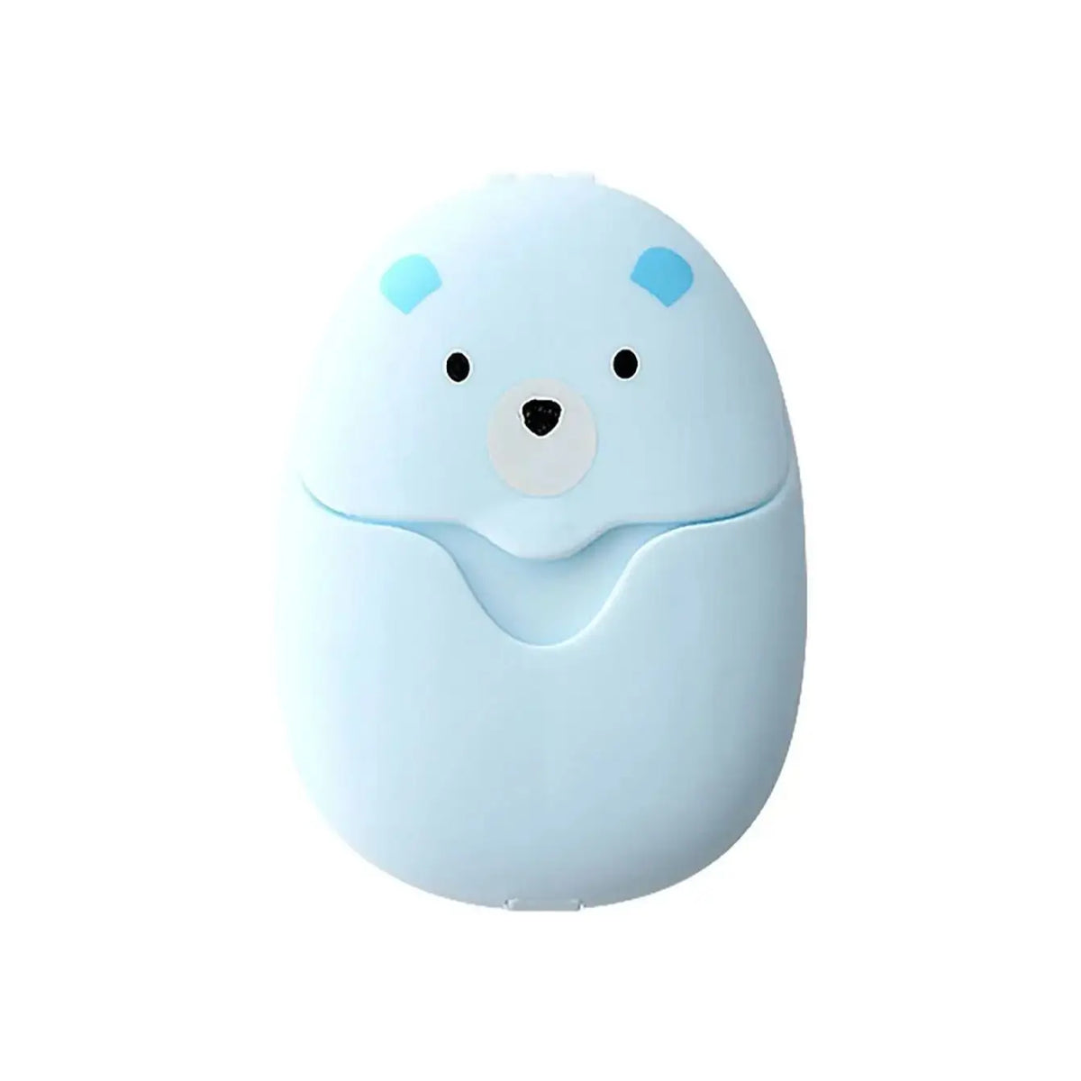 A light blue, bear-shaped dispenser for portable paper soap sheets.
