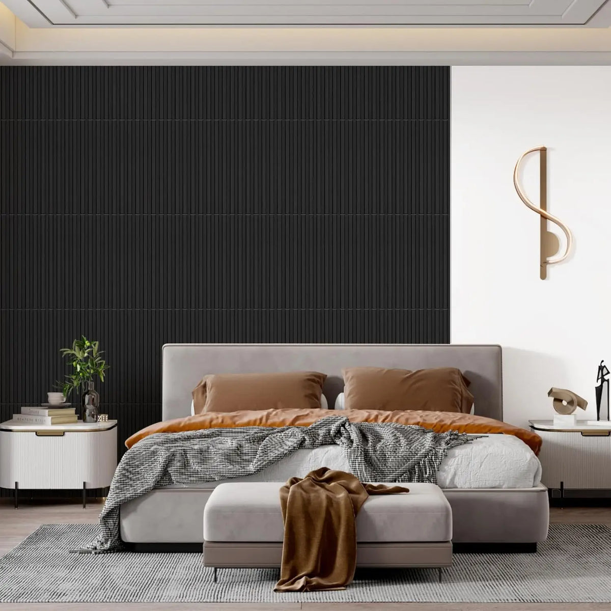 A modern bedroom featuring a gray upholstered bed, dark accent wall paneling, and neutral bedding.