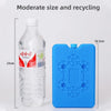 A clear reusable leak-proof ice pack in blue plastic is shown next to a glass bottle, with dimensions provided.