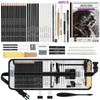 A complete drawing sketch kit featuring graphite and charcoal pencils, erasers, and a 3-color sketchbook.
