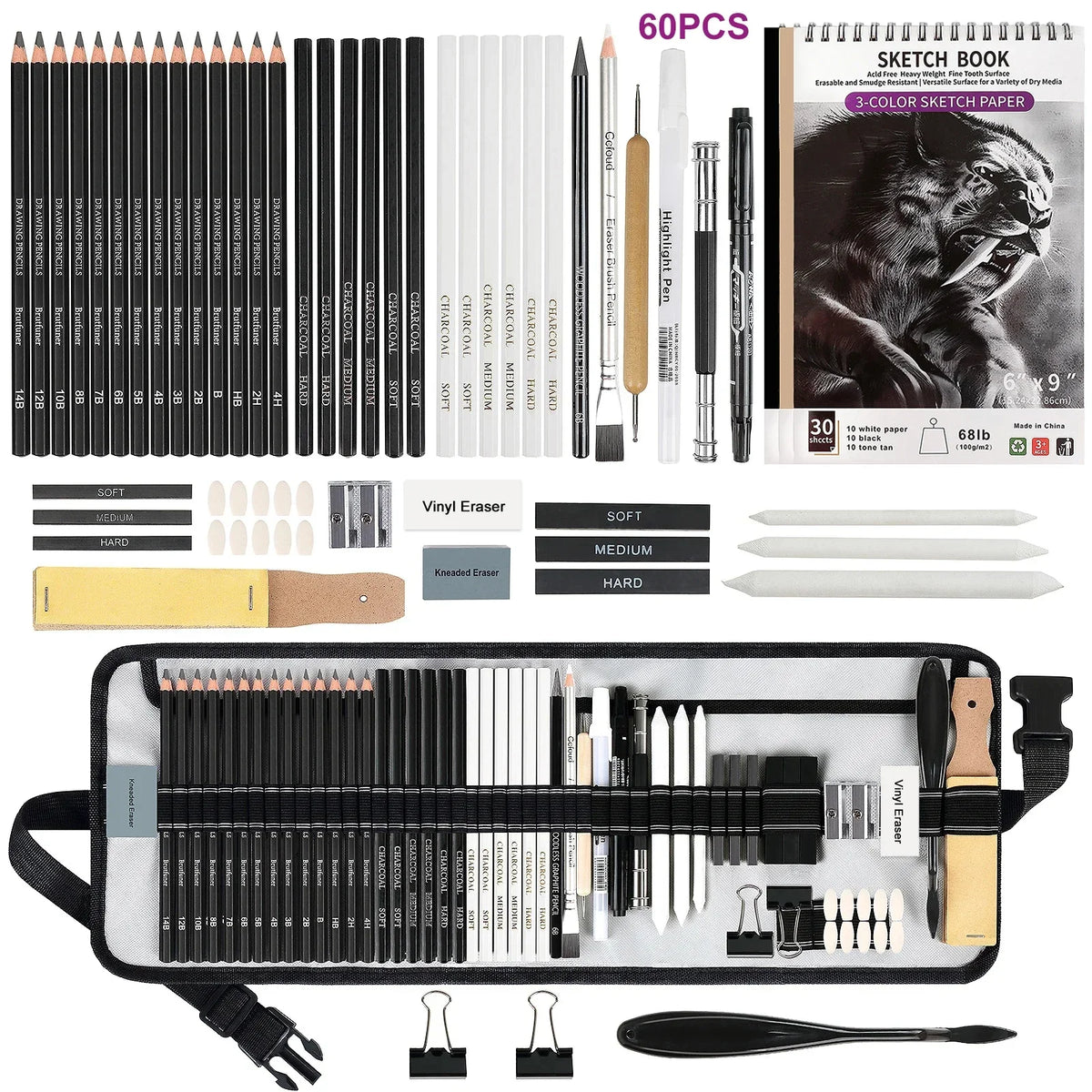 A complete drawing sketch kit featuring graphite and charcoal pencils, erasers, and a 3-color sketchbook.