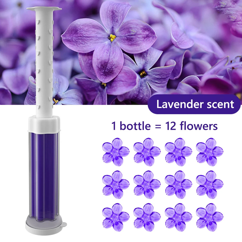 A purple floral gel toilet freshener bottle with twelve lavender flowers displayed below.