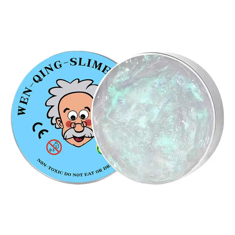 A round tin of clear, iridescent slime labeled Wen-Qing Slime featuring a cartoon man face.