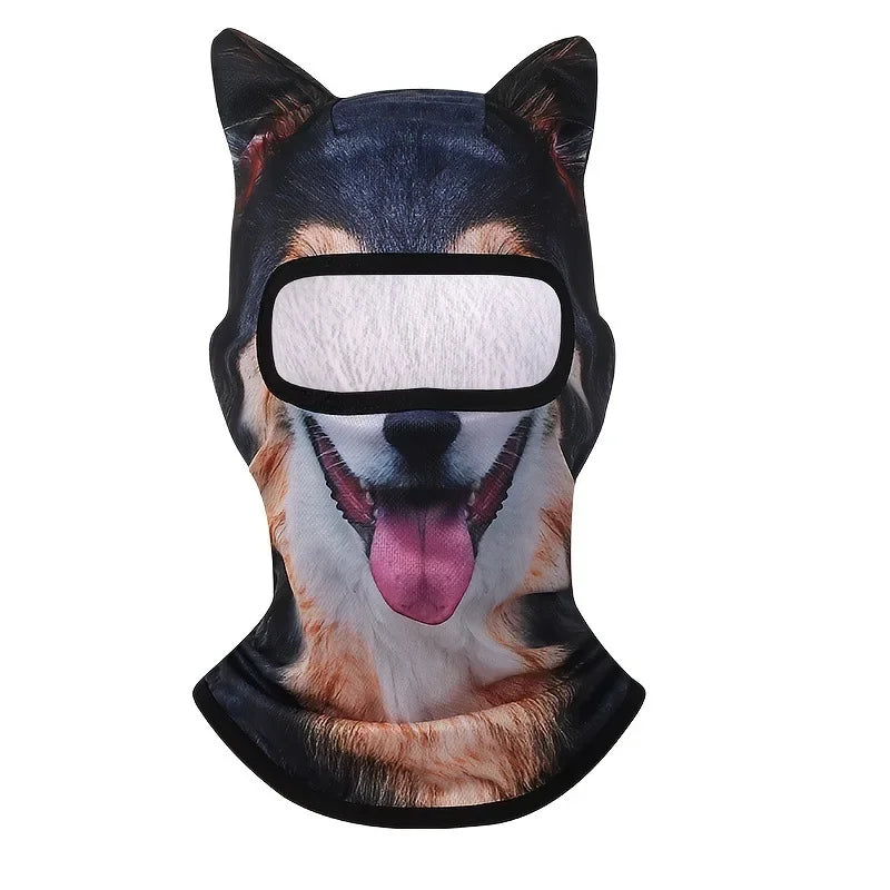 Schwarze Balaclava-Maske mit realistischer Katzenansicht, orange-weißer Fell und rosa Zunge.