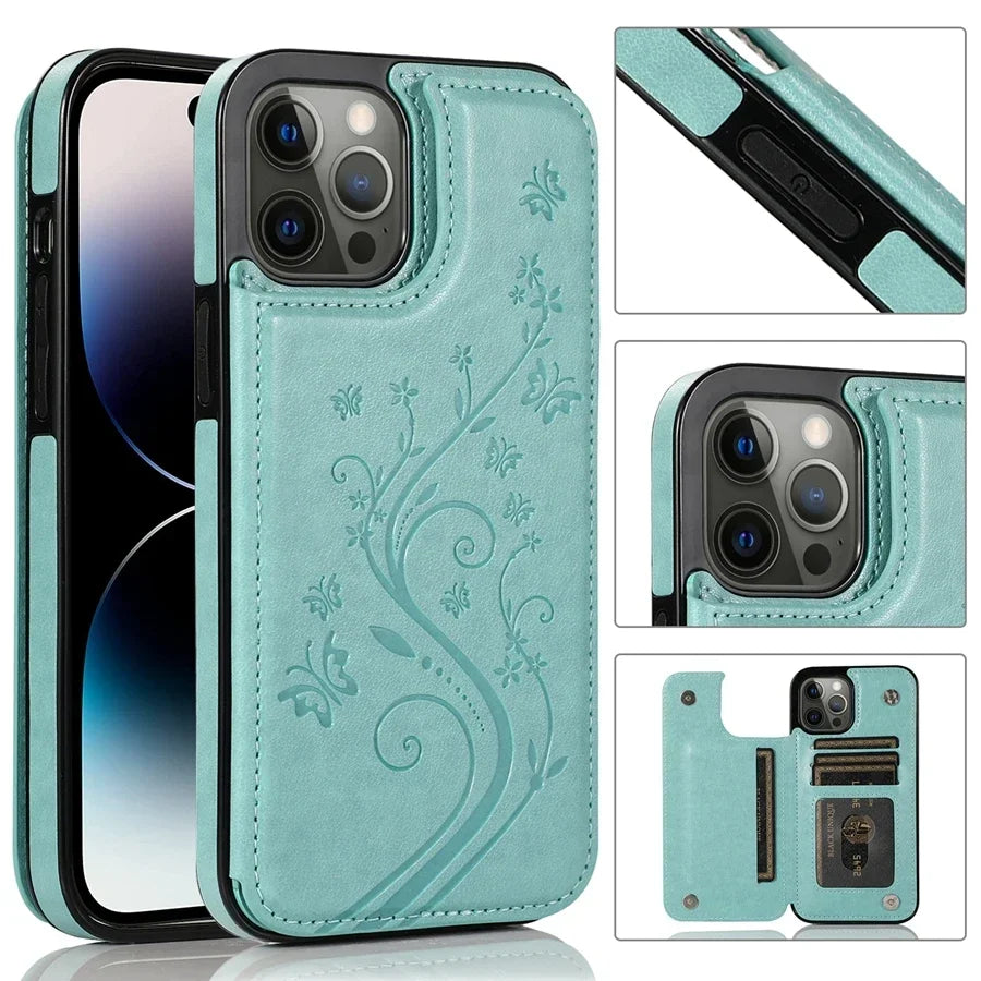 Butterfly Embossed Leather Wallet Case with Magnetic Flip Closure