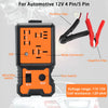 A compact automotive relay tester with positive and negative clips, LED, and test switch for 12V systems.