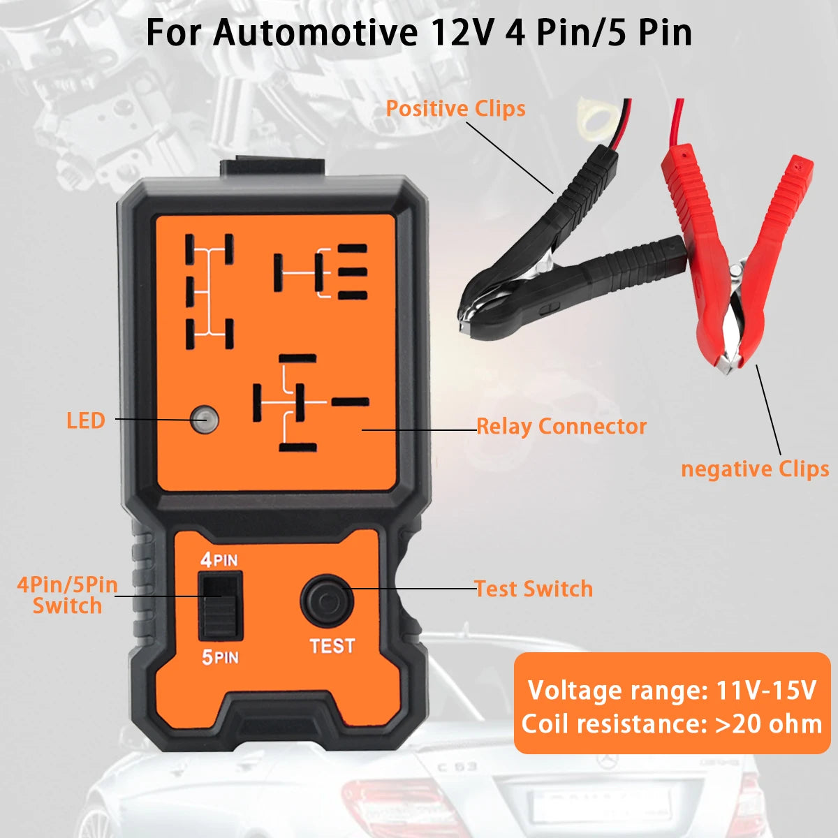 A compact automotive relay tester with positive and negative clips, LED, and test switch for 12V systems.