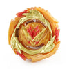 A battle spinning top featuring an orange and red design with gold metal accents.