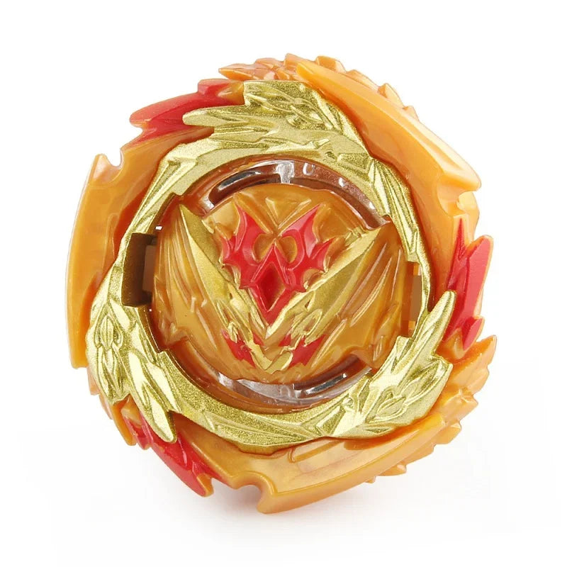 A battle spinning top featuring an orange and red design with gold metal accents.