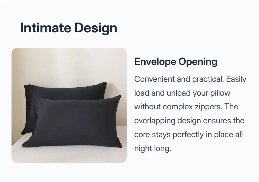 A set of black pillow covers demonstrating an envelope opening design for convenient loading and unloading.