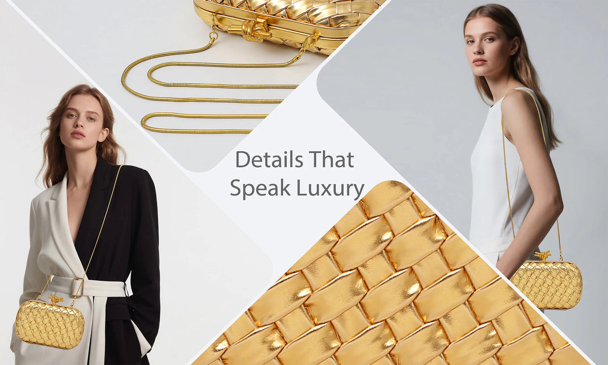 A woman models a white top and black blazer next to gold woven clutch bags and fabric details.