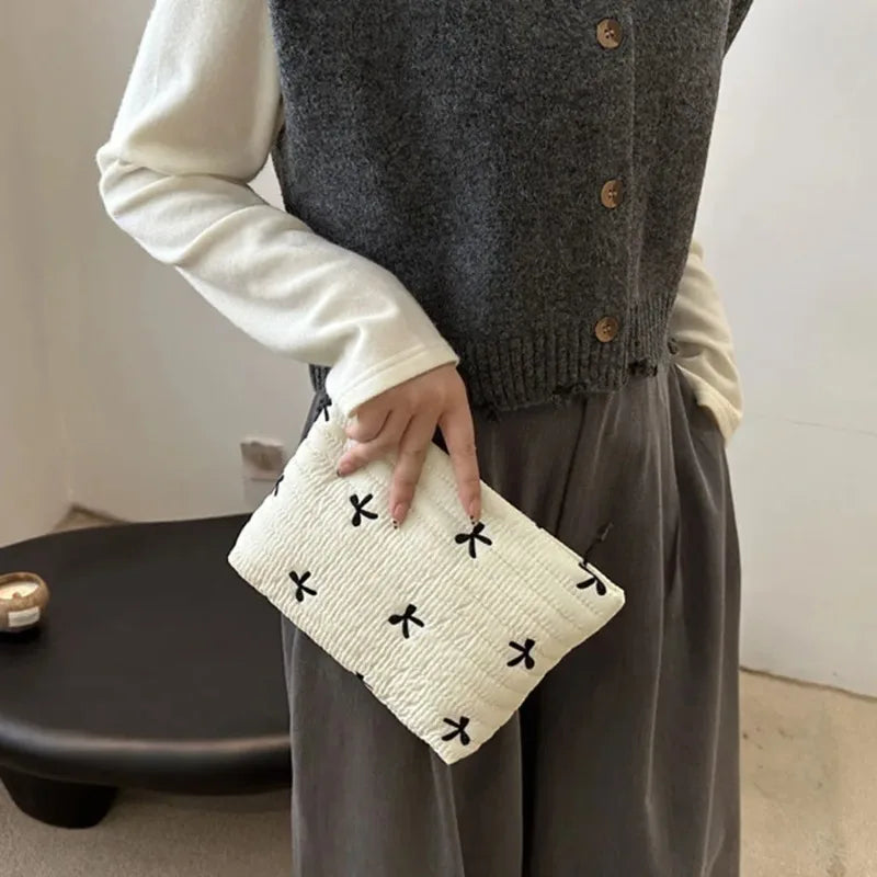 Embroidered Bow Makeup Bag with Large Capacity