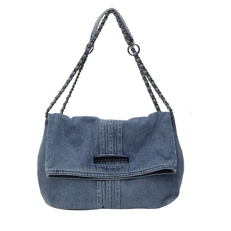 Oxford Denim Tote Bag with Chain Strap