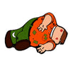 A playful cartoon illustration of a child lying down on an orange shirt and green pants.