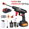 A black cordless high pressure car wash gun with a foam generator and accessories, including a 1500W 36V battery and US plug.