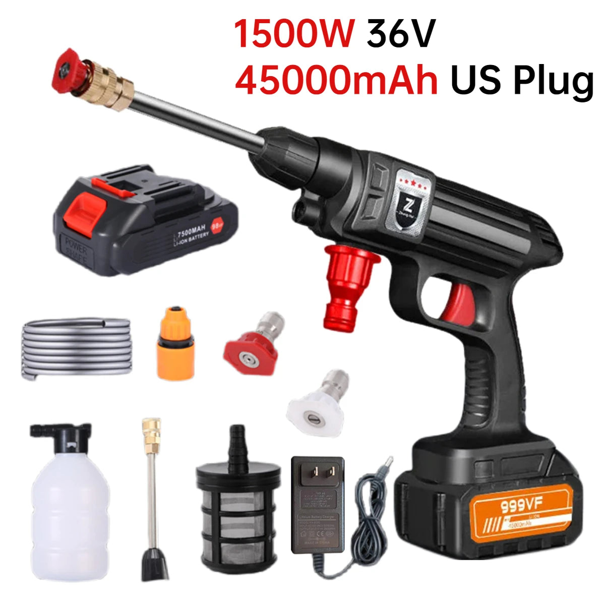 A black cordless high pressure car wash gun with a foam generator and accessories, including a 1500W 36V battery and US plug.