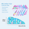 A collection of colorful microfiber hair towels for kids, featuring unique patterns and soft fabric.