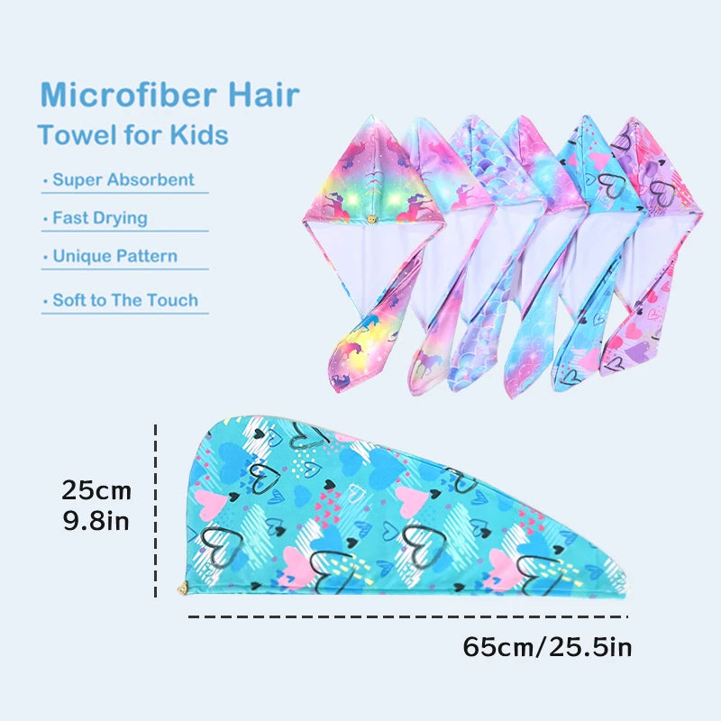 A collection of colorful microfiber hair towels for kids, featuring unique patterns and soft fabric.