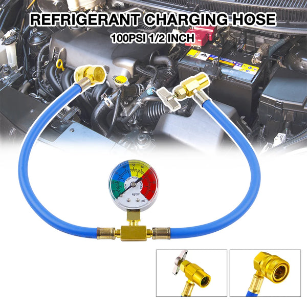 Blue refrigerant charging hose with brass fittings and a pressure gauge connected to a car engine component.