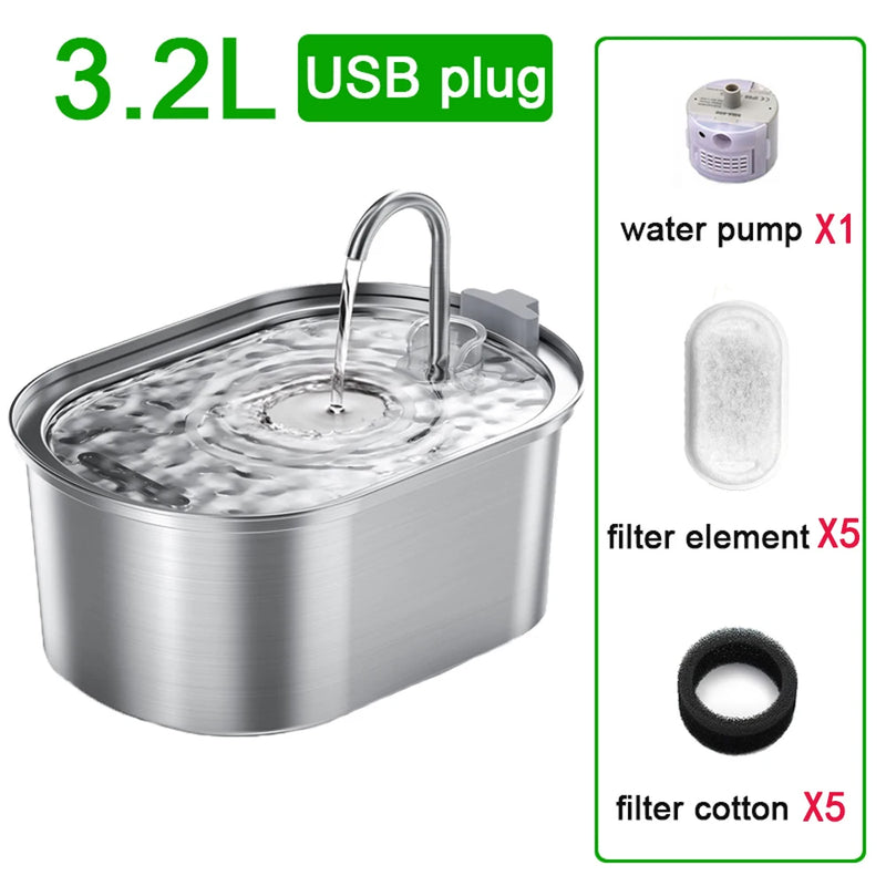 Fuente de Agua para Mascotas de Acero Inoxidable 3.2L