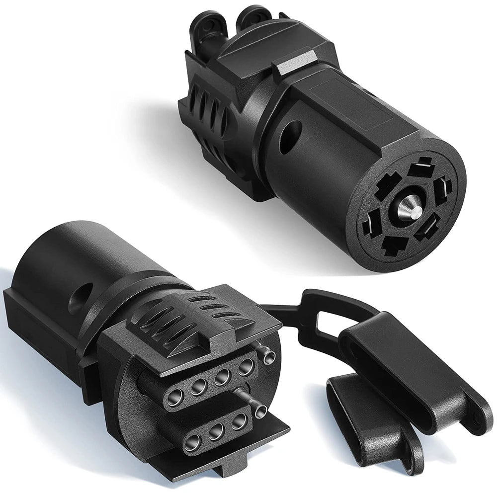 Black 2-in-1 trailer plug adapter featuring a 7-pin to 4/5-pin weatherproof connector and a clamp.