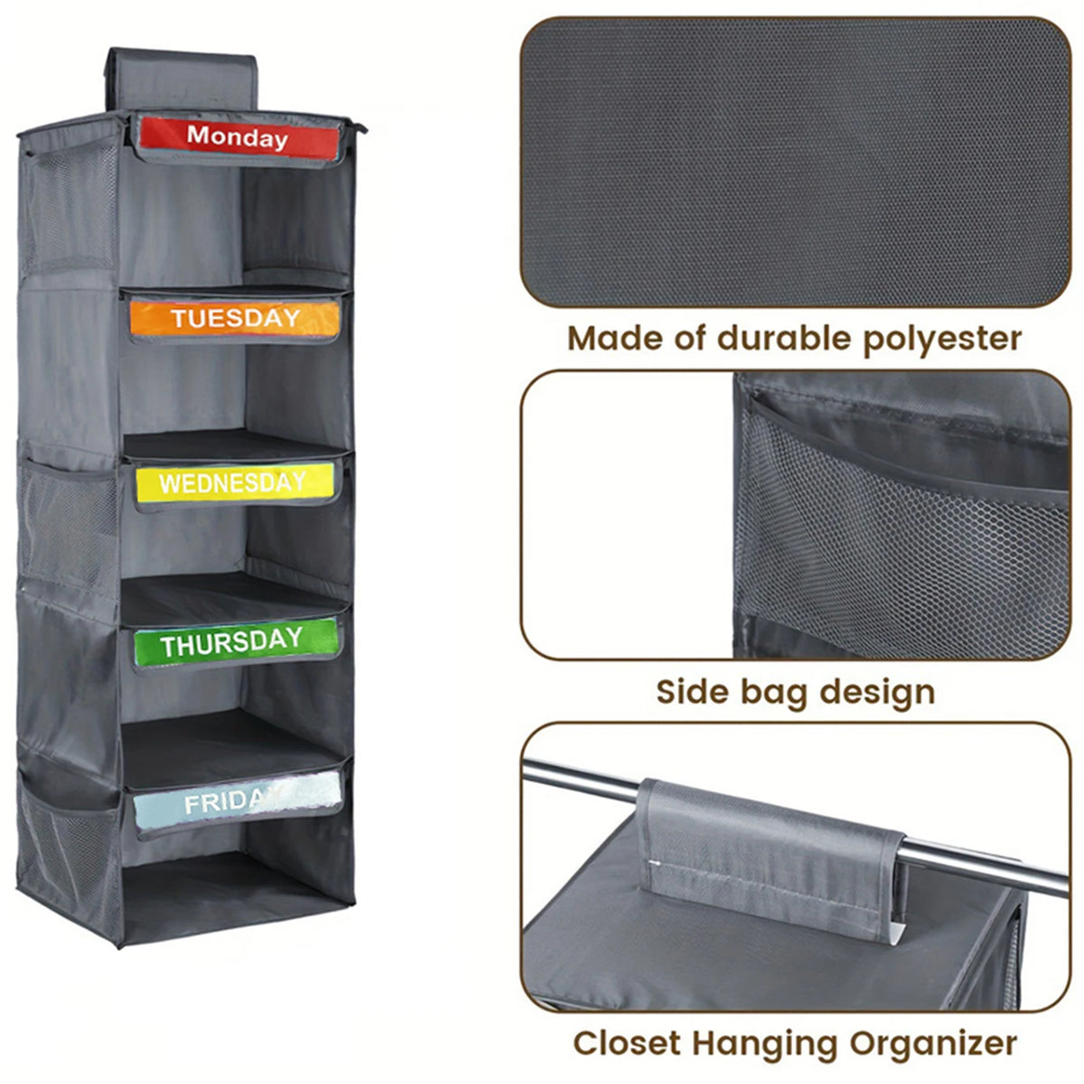 A vertical gray closet organizer with five labeled pockets for daily items, designed as a side bag and hanger.