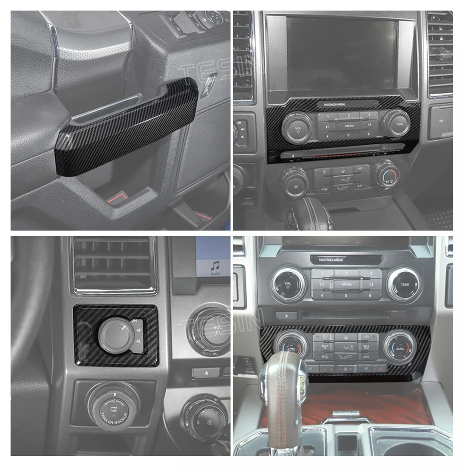 Carbon fiber grain trim cover for the center console of a Ford F-150 truck interior.