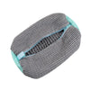 A grey and teal reusable mesh bag designed for washing shoes in a machine.