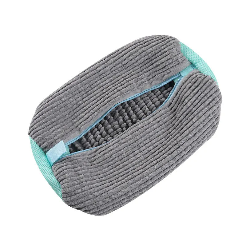 A grey and teal reusable mesh bag designed for washing shoes in a machine.