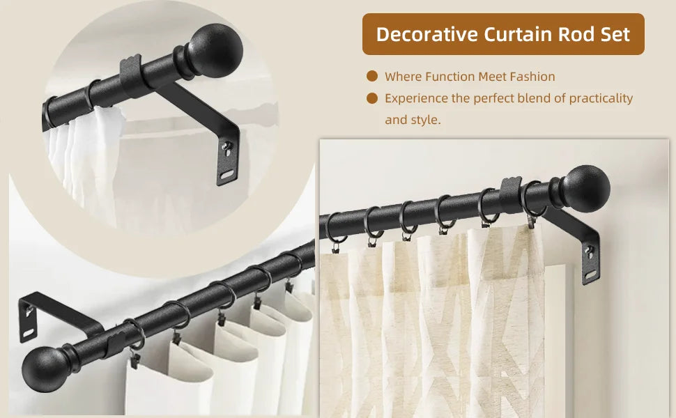 A matte black decorative curtain rod set with multiple hangers shown against a white background.