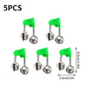 Five pieces of clip-on fishing rod bite alarm bells with silver heads and green handles.