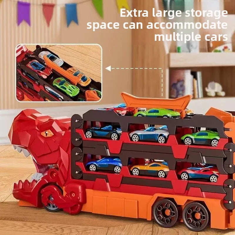 Camión Transportador de Dinosaurios con Pista de Carreras Plegable y 12 Coches de Aleación