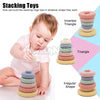 A baby is shown building a stack of pink and green silicone rings into various shapes like a triangle and irregular shape.
