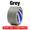 Grey self-adhesive PU leather repair patch roll with blue stripes, measuring 5cm width and 500cm length.