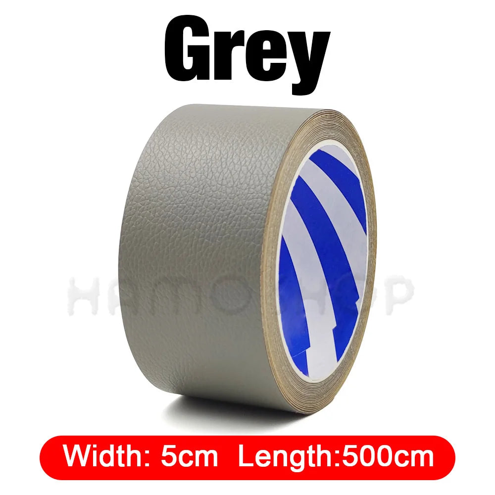 Grey self-adhesive PU leather repair patch roll with blue stripes, measuring 5cm width and 500cm length.