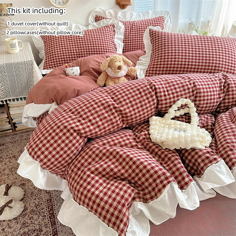 Red and Black Plaid Duvet Cover Set with Lace Embroidery
