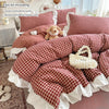 Red and Black Plaid Duvet Cover Set with Lace Embroidery