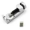 A silver watch band link remover and pin extractor kit with a threaded tool and several pins.