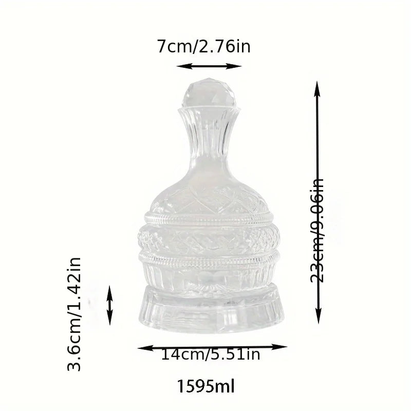 Clear crystal wine decanter with a stopper and rotating aerator, measuring 7cm high and 14cm wide.
