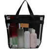 Black mesh hanging toiletry bag with a black handle filled with various toiletries