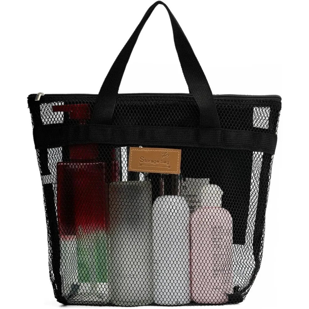 Black mesh hanging toiletry bag with a black handle filled with various toiletries