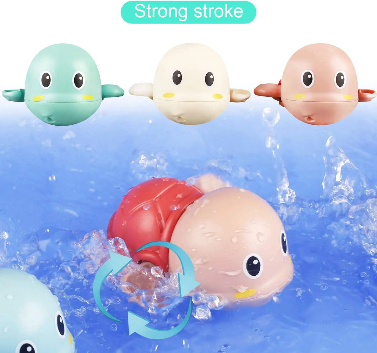 Three colored wind-up swimming turtle bath toys are shown floating in blue water.